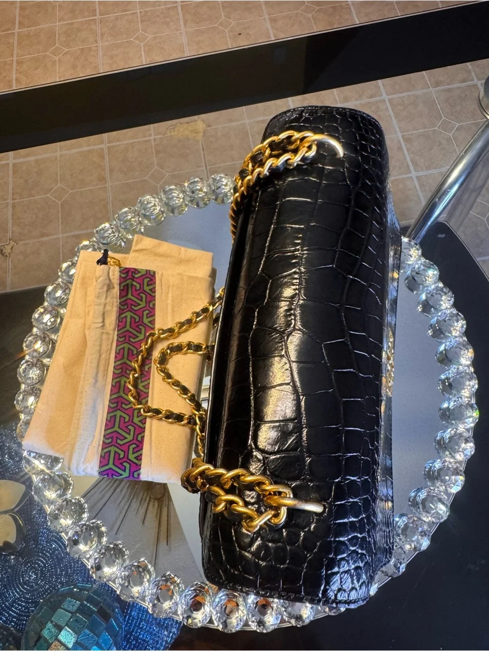 Tory Burch Britten Crocodile Adjustable Shoulder Bag in Black